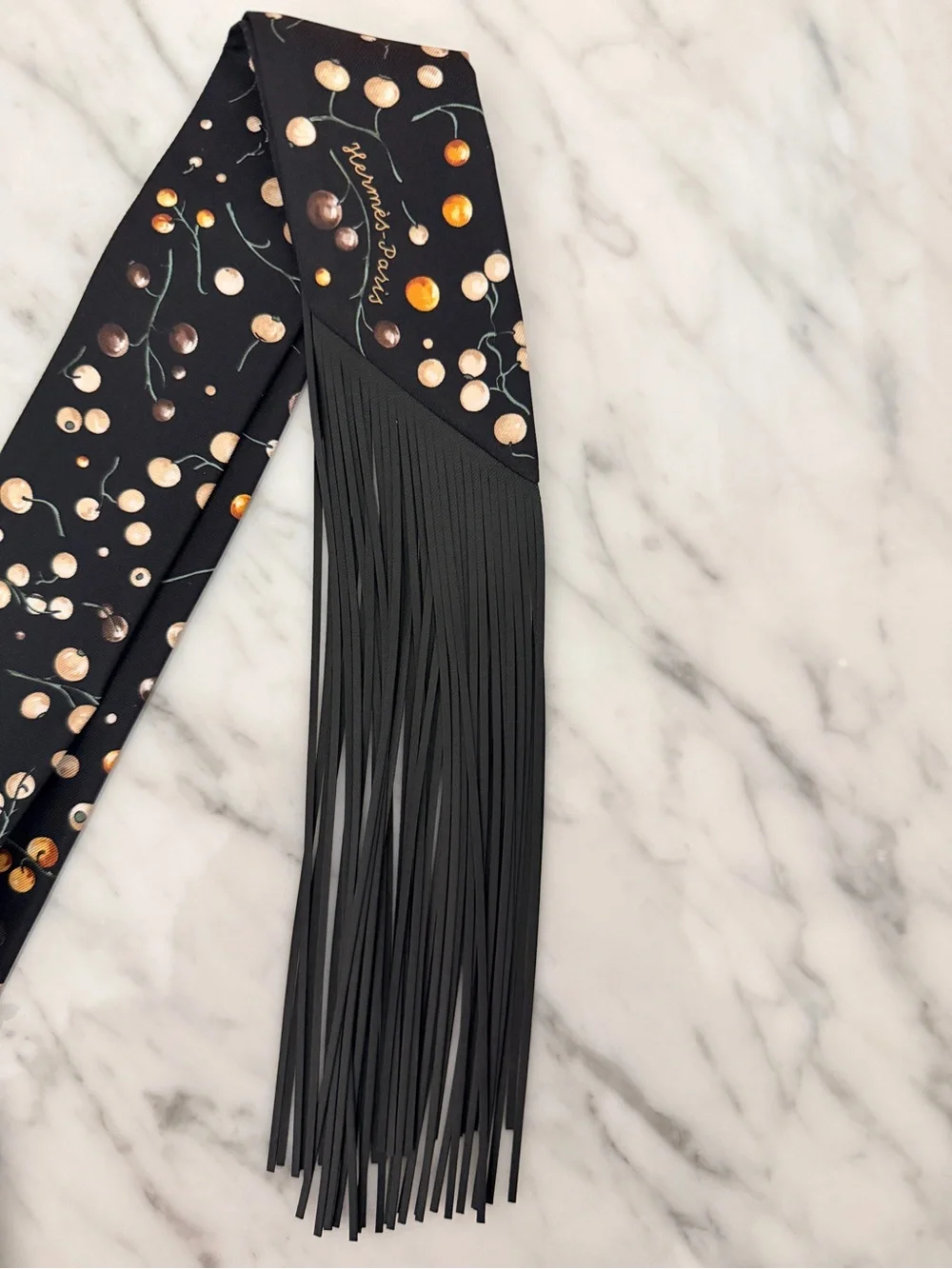 New Hermès Black Red Berries Leather Fringes Twilly